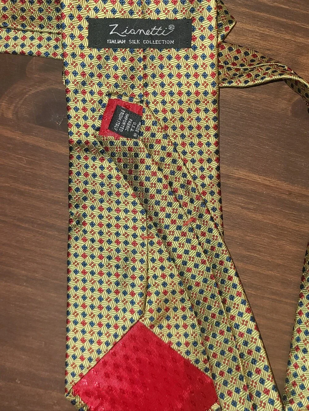 Zianetti Italian Silk Gold Patterned Men's Tie with Red and Blue Accents